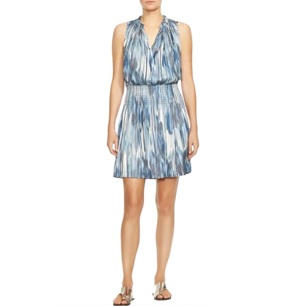Halston Heritage Sleeveless V-Neck Dress in Blue & White Mini Length Size Large